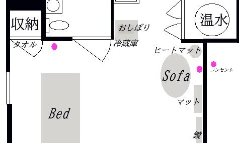 ッド、ソファ、ドレッサー、テーブル、収納、温水設備などが描かれたレンタルサロンの間取り図