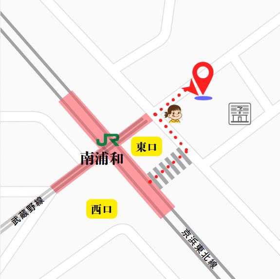 JR南浦和駅の東口から徒歩でミモザに向かうルートを示した地図。東口から横断歩道を渡り、矢印と点線に沿って目的地が示されている