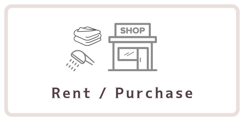 Icons representing towel rental, shower items, and shop services at Space Coffret