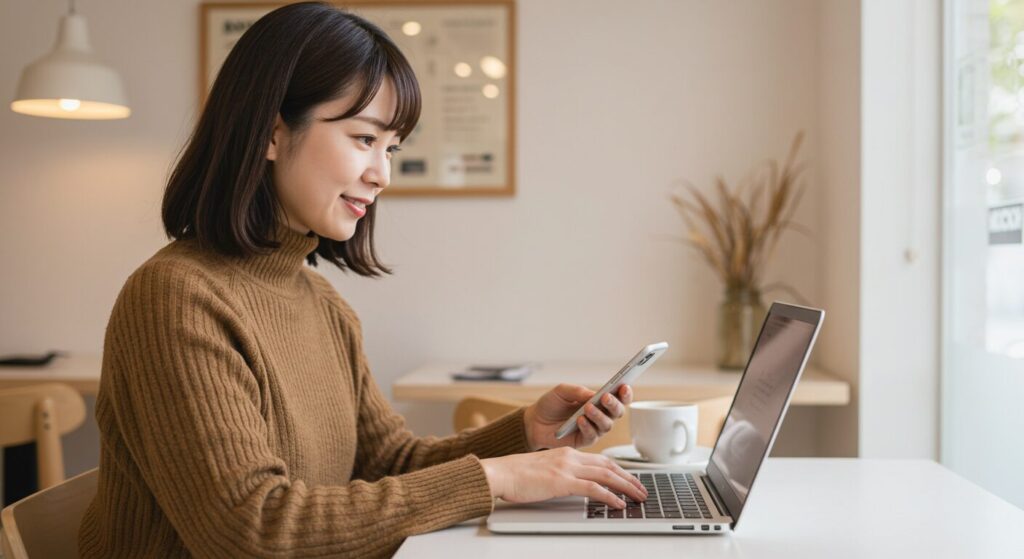 Japanese woman using a laptop and smartphone to make an online reservation in a cozy café