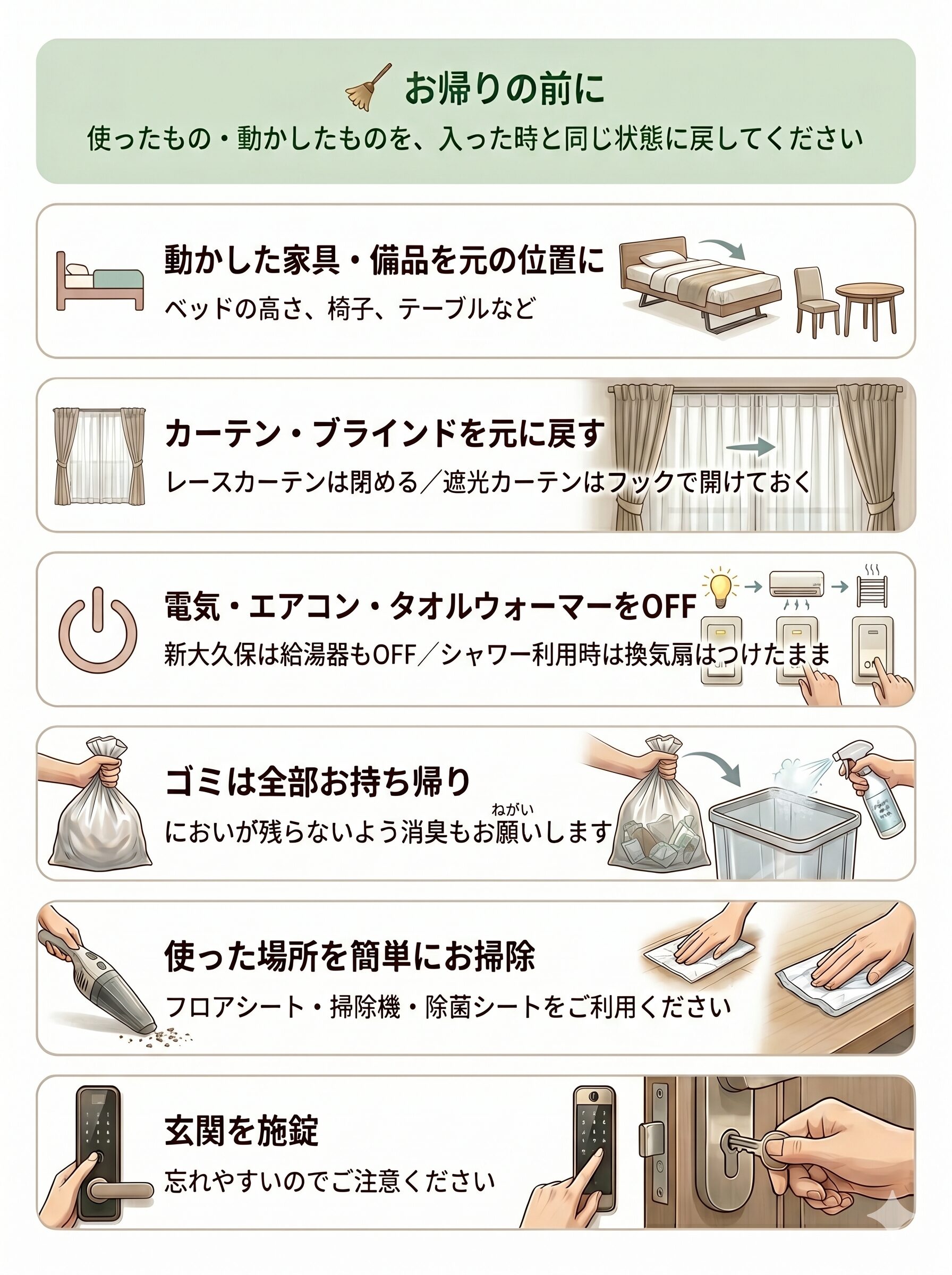 お帰りの前に：使ったもの・動かしたものを入った時と同じ状態に戻してください