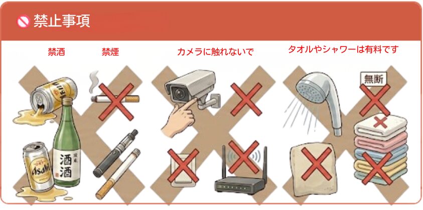 禁止事項：飲酒・喫煙・カメラに触れる・タオルやシャワーの無断利用